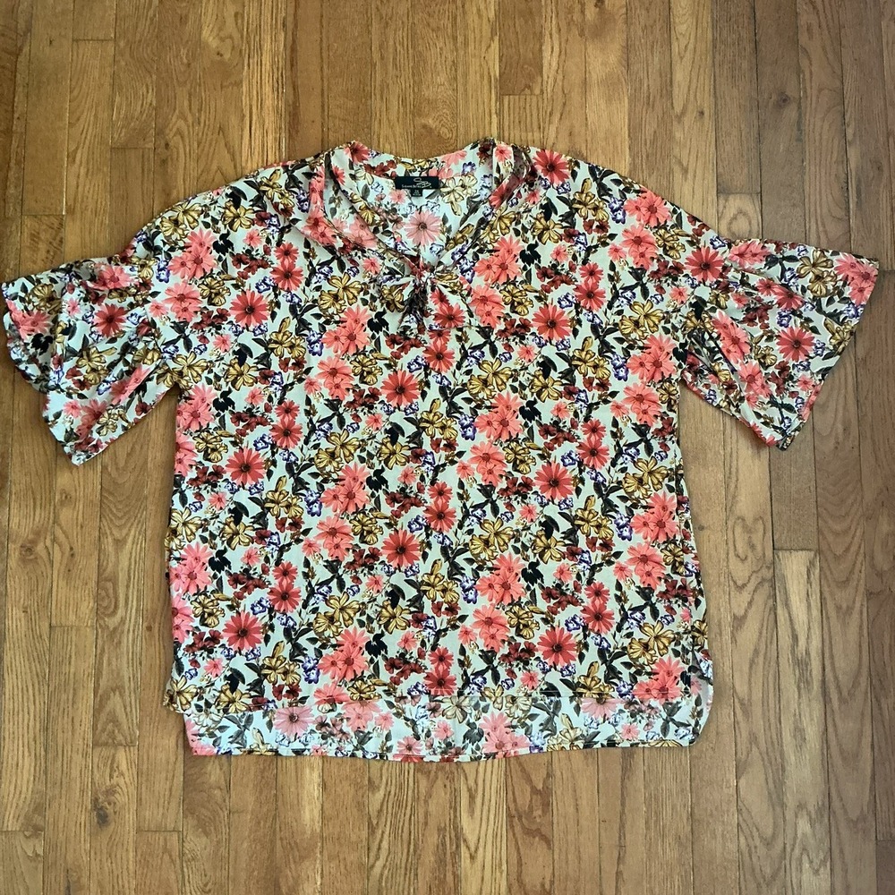 Suzanne Betro Women's Floral Print Top 2X Bell Sleeve V Neck Blouse Boho